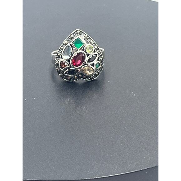 Sterling Silver Marcasite Multi-Gemstone Multi-Shaped Heart Noppakao Ring Sz 9.5 - Picture 9 of 9